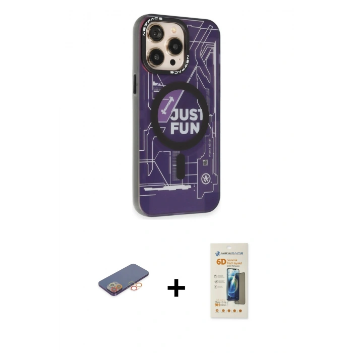 MARSİLYAN™- iPhone 13 Pro Max Kılıf Siluet Modern Koleksiyonu - Siyah 6D Mat Seramik Hayalet Nano Ekran Koruyucu + Turuncu Renkli Kamera Lens Koruma Cam