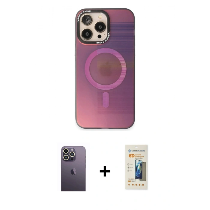 MARSİLYAN™- iPhone 13 Pro Max Kılıf Siluet Modern Koleksiyonu - Siyah 6D Mat Seramik Hayalet Nano Ekran Koruyucu + Neon Fosforlu Kamera Lens - BZ