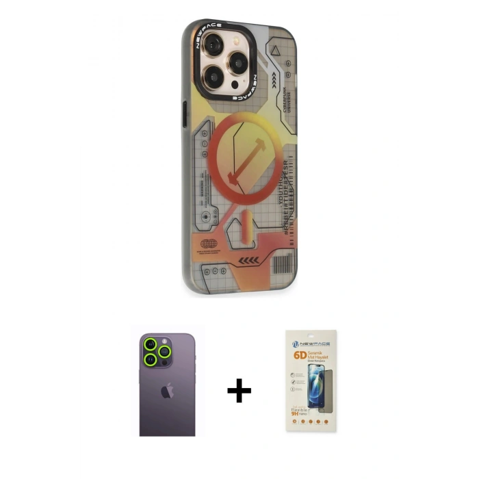 MARSİLYAN™- iPhone 13 Pro Max Kılıf Siluet Modern Koleksiyonu - Siyah 6D Mat Seramik Hayalet Nano Ekran Koruyucu + Neon Fosforlu Kamera Lens - YL