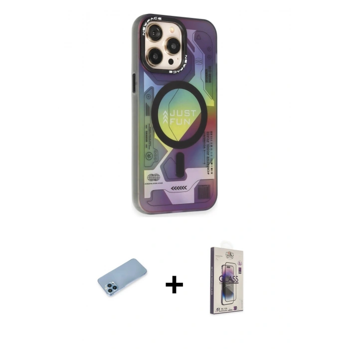 MARSİLYAN™- iPhone 13 Pro Max Kılıf Siluet Modern Koleksiyonu - Siyah Bilvis 3D Cam Ekran Koruyucu + Mavi Shine Kamera Lens Koruma Cam