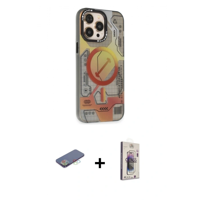 MARSİLYAN™- iPhone 13 Pro Max Kılıf Siluet Modern Koleksiyonu - Siyah Bilvis 3D Cam Ekran Koruyucu + Renkli Kamera Lens Koruma Cam - MI