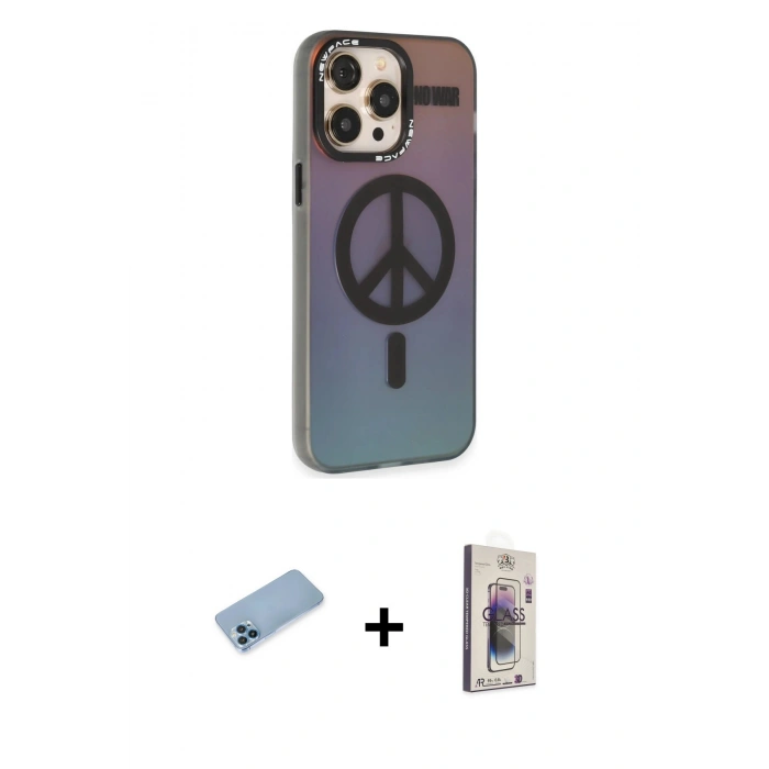 MARSİLYAN™- iPhone 13 Pro Max Kılıf Siluet Modern Koleksiyonu - Siyah Bilvis 3D Cam Ekran Koruyucu + Mavi Shine Kamera Lens Koruma Cam