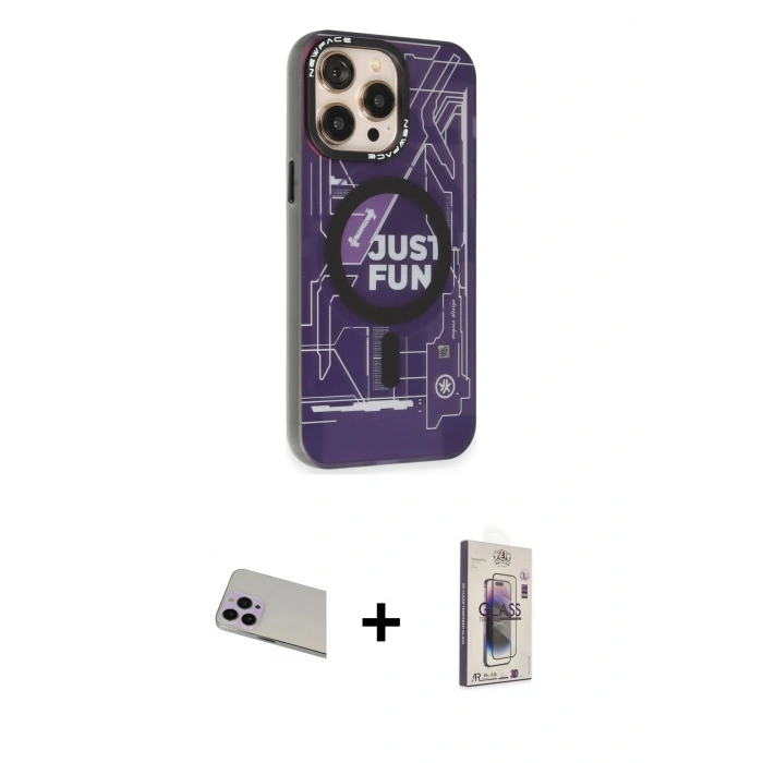 MARSİLYAN™- iPhone 13 Pro Max Kılıf Siluet Modern Koleksiyonu - Siyah Bilvis 3D Cam Ekran Koruyucu + Mor Rainbow Kamera Lens Koruma Cam