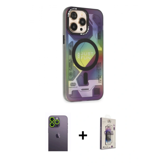 MARSİLYAN™- iPhone 13 Pro Max Kılıf Siluet Modern Koleksiyonu - Siyah Bilvis 3D Cam Ekran Koruyucu + Neon Fosforlu Kamera Lens - YL