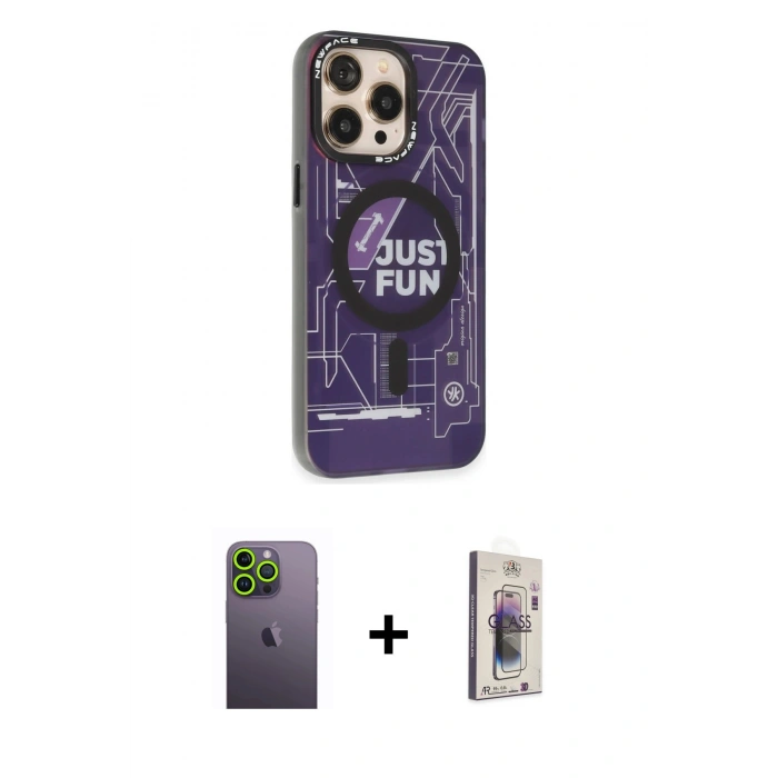 MARSİLYAN™- iPhone 13 Pro Max Kılıf Siluet Modern Koleksiyonu - Siyah Bilvis 3D Cam Ekran Koruyucu + Neon Fosforlu Kamera Lens - YL