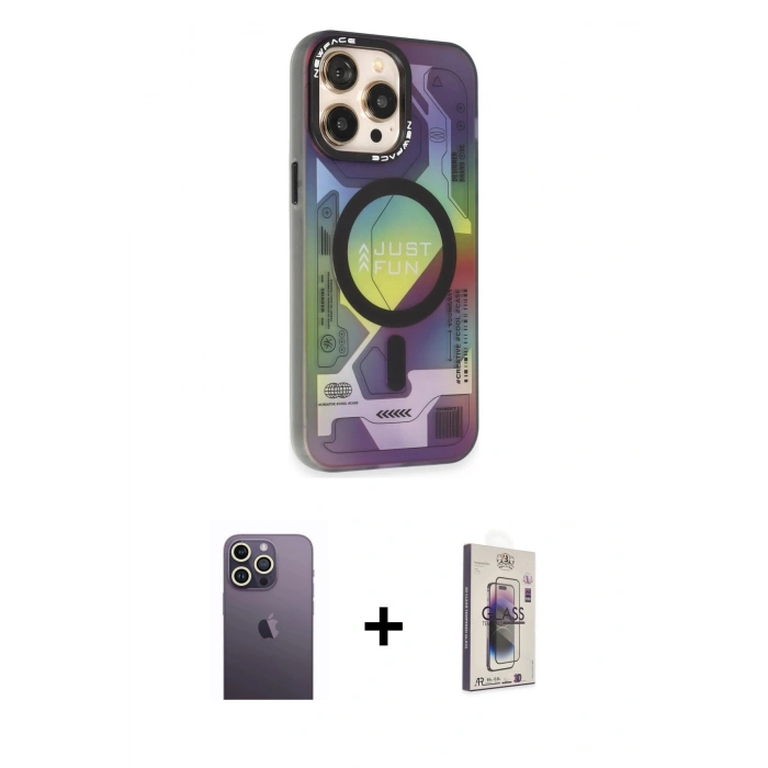 MARSİLYAN™- iPhone 13 Pro Max Kılıf Siluet Modern Koleksiyonu - Siyah Bilvis 3D Cam Ekran Koruyucu + Neon Fosforlu Kamera Lens - BZ