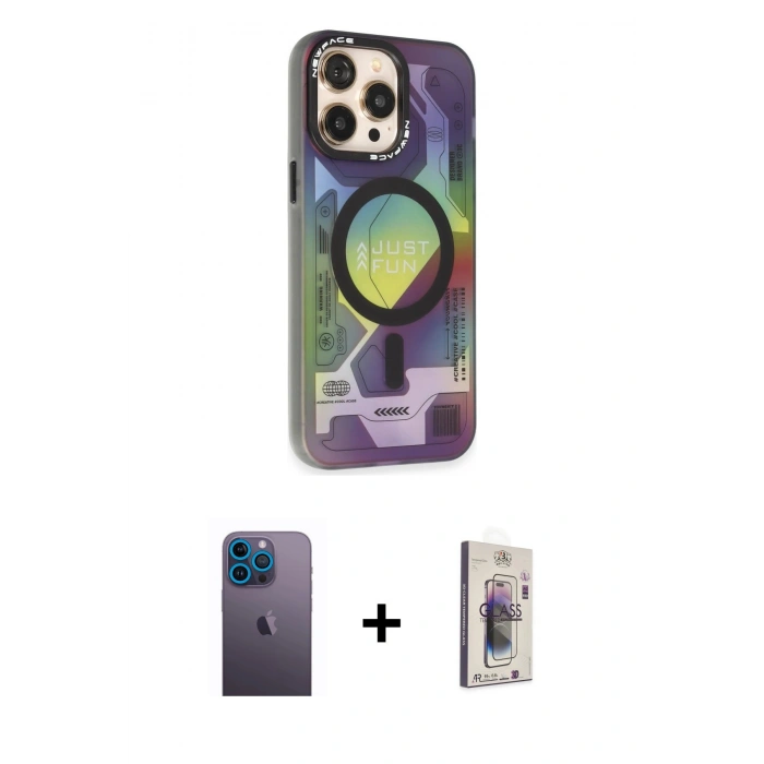 MARSİLYAN™- iPhone 13 Pro Max Kılıf Siluet Modern Koleksiyonu - Siyah Bilvis 3D Cam Ekran Koruyucu + Neon Fosforlu Kamera Lens - MI