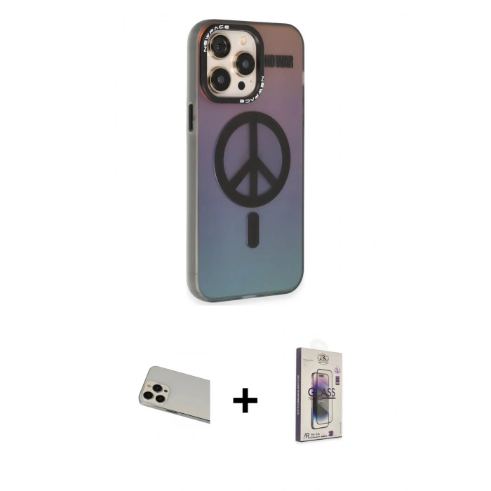 MARSİLYAN™- iPhone 13 Pro Max Kılıf Siluet Modern Koleksiyonu - Siyah Bilvis 3D Cam Ekran Koruyucu + Rainbow Kamera Lens Koruma Cam - REGD