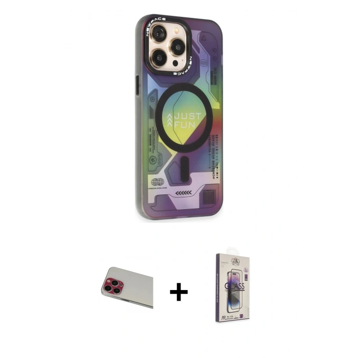 MARSİLYAN™- iPhone 13 Pro Max Kılıf Siluet Modern Koleksiyonu - Siyah Bilvis 3D Cam Ekran Koruyucu + Rainbow Kamera Lens Koruma Cam - KI