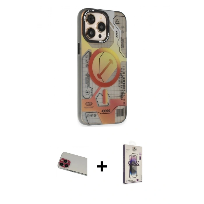MARSİLYAN™- iPhone 13 Pro Max Kılıf Siluet Modern Koleksiyonu - Siyah Bilvis 3D Cam Ekran Koruyucu + Rainbow Kamera Lens Koruma Cam - KI