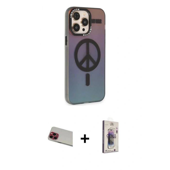 MARSİLYAN™- iPhone 13 Pro Max Kılıf Siluet Modern Koleksiyonu - Siyah Bilvis 3D Cam Ekran Koruyucu + Rainbow Kamera Lens Koruma Cam - KI