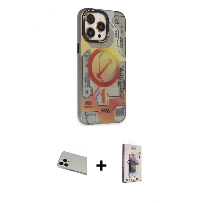 MARSİLYAN™- iPhone 13 Pro Max Kılıf Siluet Modern Koleksiyonu - Siyah Bilvis 3D Cam Ekran Koruyucu + Rainbow Kamera Lens Koruma Cam - REGD