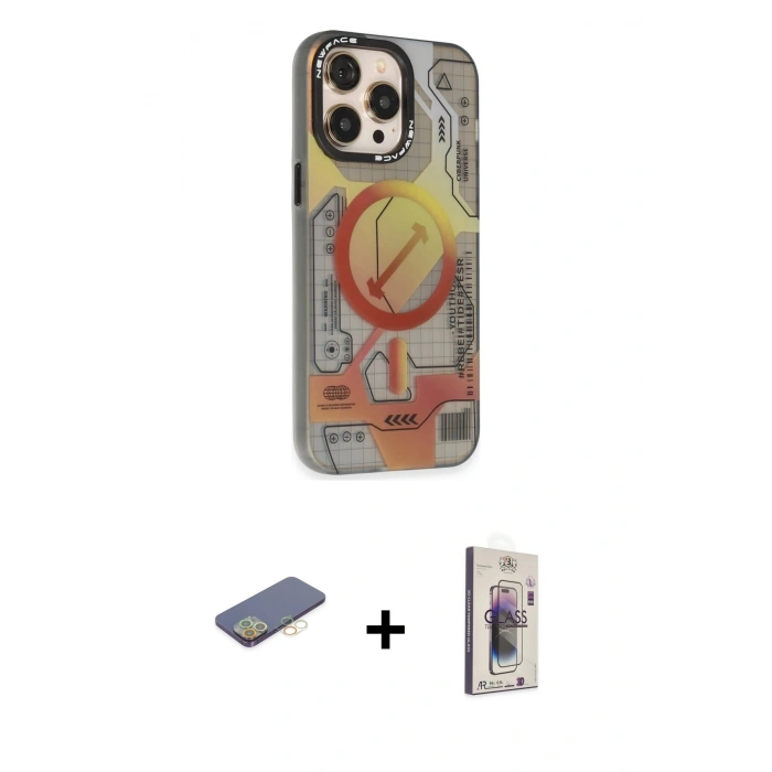 MARSİLYAN™- iPhone 13 Pro Max Kılıf Siluet Modern Koleksiyonu - Siyah Bilvis 3D Cam Ekran Koruyucu + Renkli Kamera Lens Koruma Cam - SI