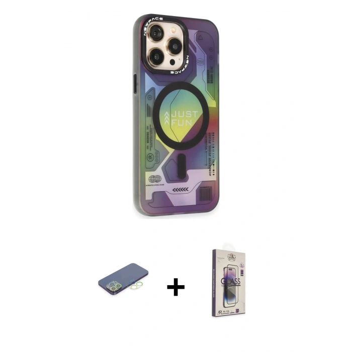 MARSİLYAN™- iPhone 13 Pro Max Kılıf Siluet Modern Koleksiyonu - Siyah Bilvis 3D Cam Ekran Koruyucu + Renkli Kamera Lens Koruma Cam - YL
