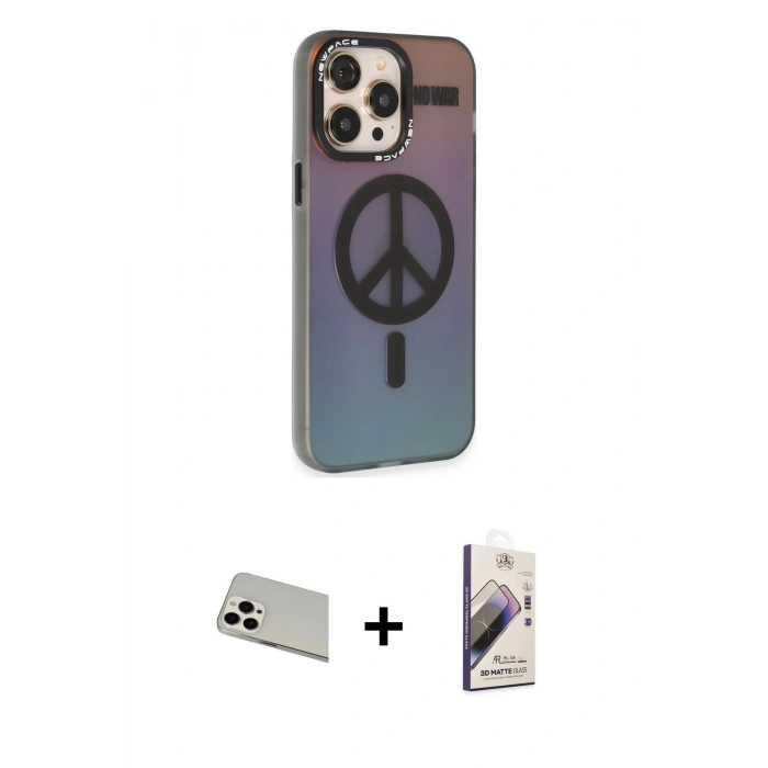 MARSİLYAN™- iPhone 13 Pro Max Kılıf Siluet Modern Koleksiyonu - Siyah Bilvis 3D Mat Cam Ekran Koruyucu + Beyaz Rainbow Kamera Lens Koruma Cam