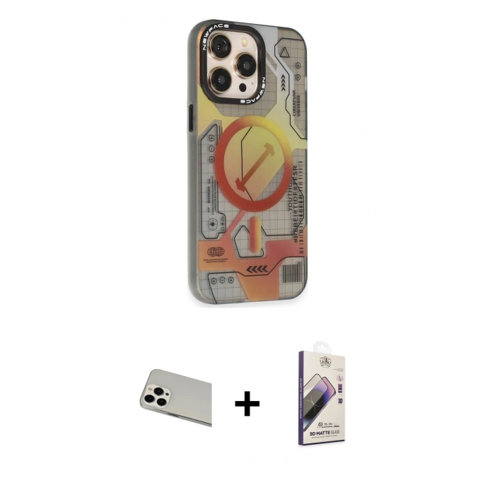 MARSİLYAN™- iPhone 13 Pro Max Kılıf Siluet Modern Koleksiyonu - Siyah Bilvis 3D Mat Cam Ekran Koruyucu + Beyaz Rainbow Kamera Lens Koruma Cam