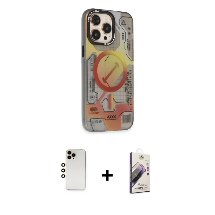 MARSİLYAN™- iPhone 13 Pro Max Kılıf Siluet Modern Koleksiyonu - Siyah Bilvis 3D Mat Cam Ekran Koruyucu + Shine Kamera Lens - GD