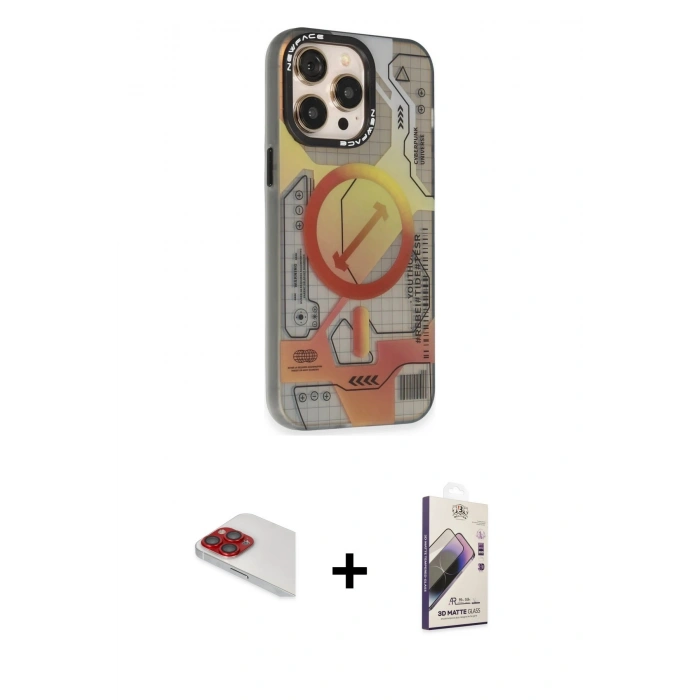 MARSİLYAN™- iPhone 13 Pro Max Kılıf Siluet Modern Koleksiyonu - Siyah Bilvis 3D Mat Cam Ekran Koruyucu + Kırmızı Pers Alüminyum Kamera Lens