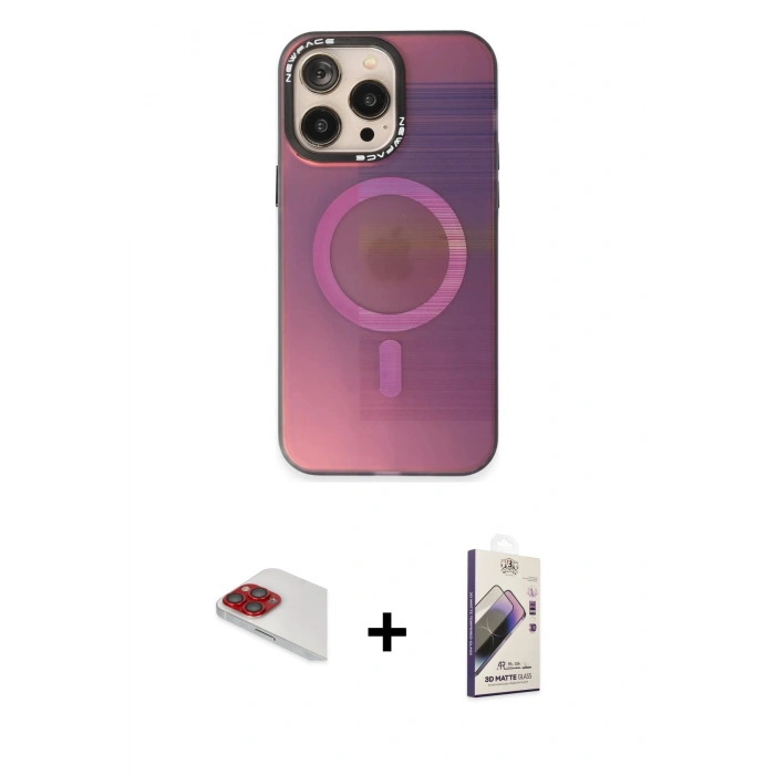 MARSİLYAN™- iPhone 13 Pro Max Kılıf Siluet Modern Koleksiyonu - Siyah Bilvis 3D Mat Cam Ekran Koruyucu + Kırmızı Pers Alüminyum Kamera Lens