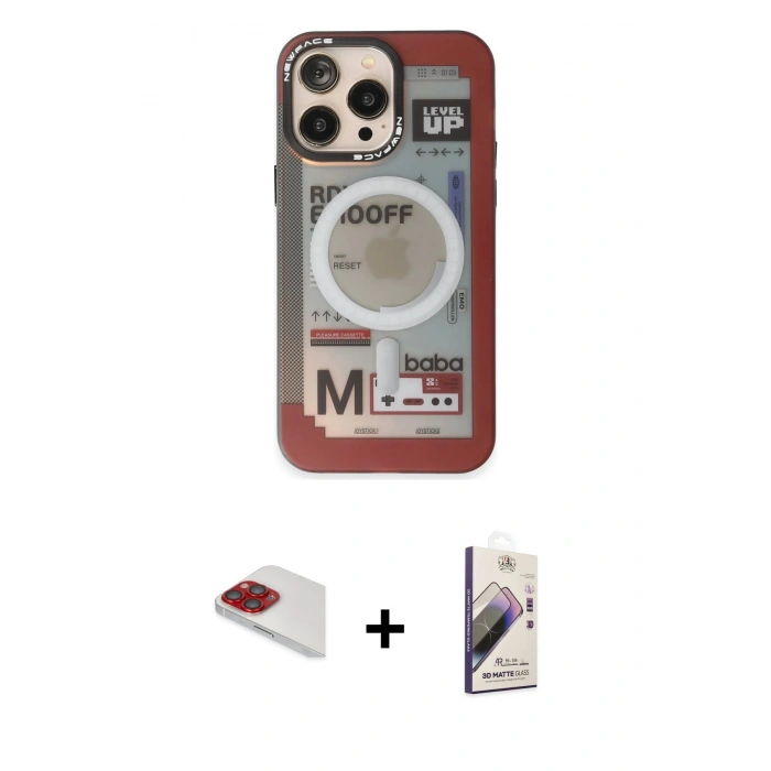 MARSİLYAN™- iPhone 13 Pro Max Kılıf Siluet Modern Koleksiyonu - Siyah Bilvis 3D Mat Cam Ekran Koruyucu + Kırmızı Pers Alüminyum Kamera Lens