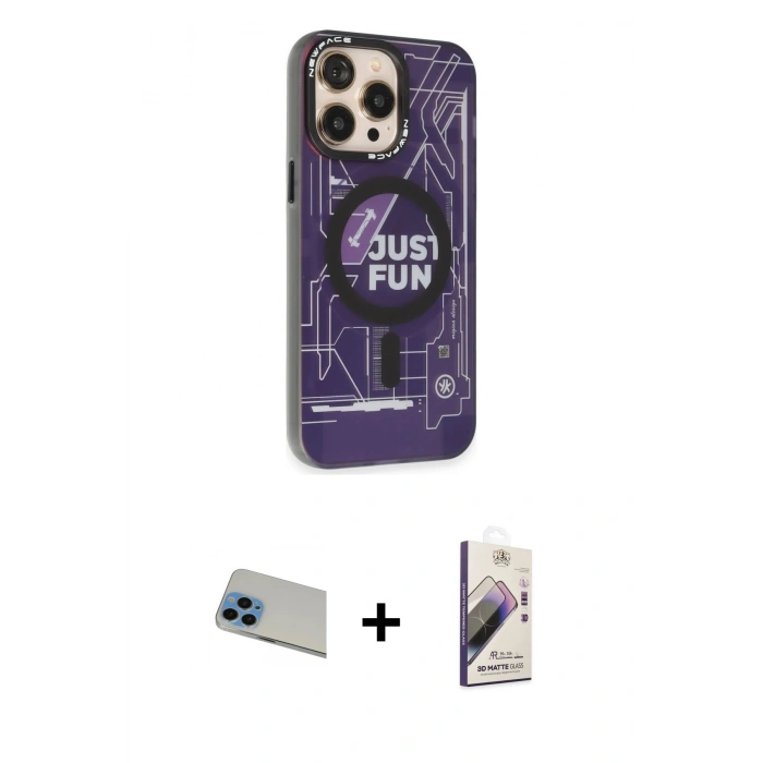 MARSİLYAN™- iPhone 13 Pro Max Kılıf Siluet Modern Koleksiyonu - Siyah Bilvis 3D Mat Cam Ekran Koruyucu + Mavi Rainbow Kamera Lens Koruma Cam