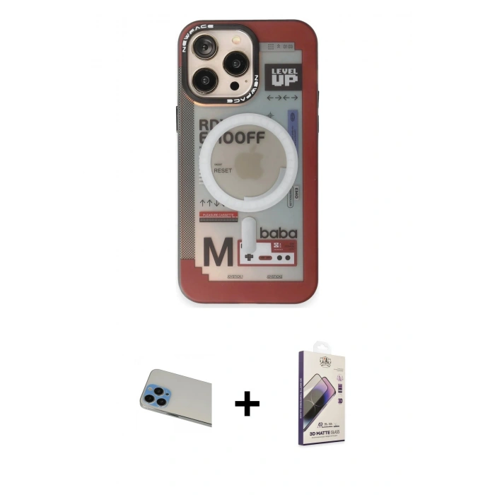 MARSİLYAN™- iPhone 13 Pro Max Kılıf Siluet Modern Koleksiyonu - Siyah Bilvis 3D Mat Cam Ekran Koruyucu + Mavi Rainbow Kamera Lens Koruma Cam