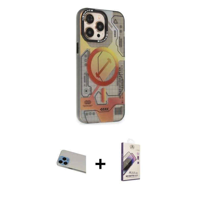 MARSİLYAN™- iPhone 13 Pro Max Kılıf Siluet Modern Koleksiyonu - Siyah Bilvis 3D Mat Cam Ekran Koruyucu + Mavi Rainbow Kamera Lens Koruma Cam