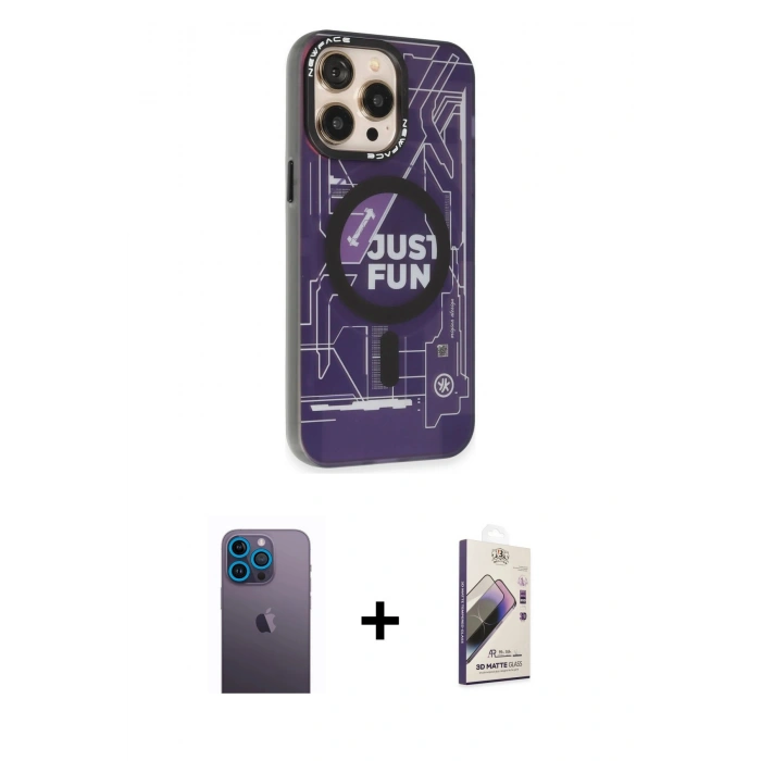 MARSİLYAN™- iPhone 13 Pro Max Kılıf Siluet Modern Koleksiyonu - Siyah Bilvis 3D Mat Cam Ekran Koruyucu + Neon Fosforlu Kamera Lens - MI