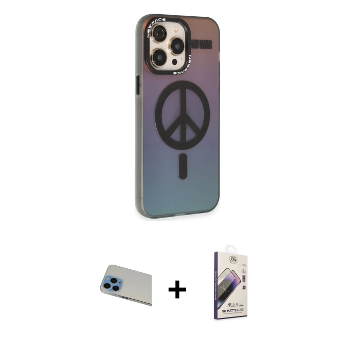MARSİLYAN™- iPhone 13 Pro Max Kılıf Siluet Modern Koleksiyonu - Siyah Bilvis 3D Mat Cam Ekran Koruyucu + Mavi Rainbow Kamera Lens Koruma Cam