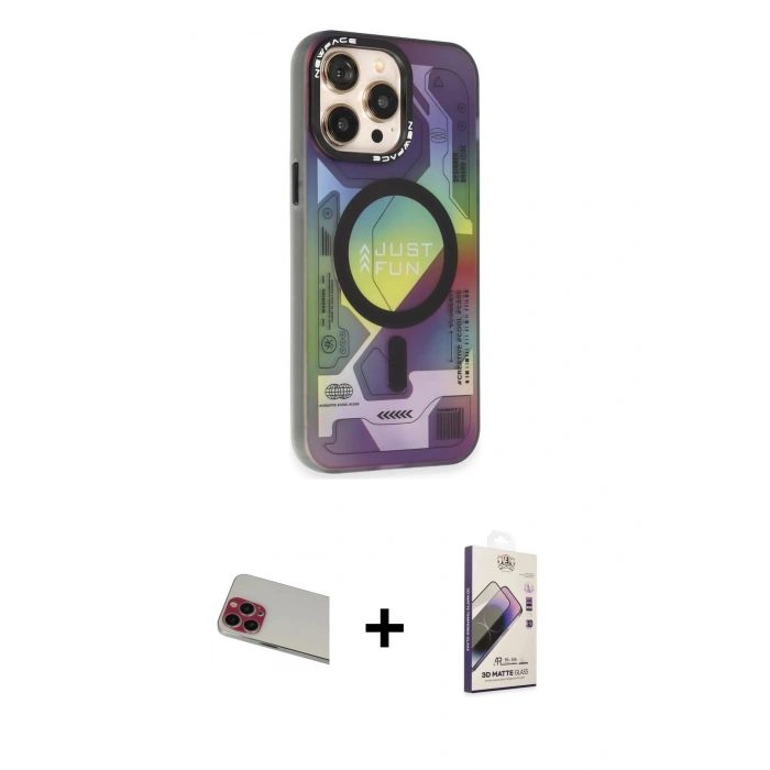 MARSİLYAN™- iPhone 13 Pro Max Kılıf Siluet Modern Koleksiyonu - Siyah Bilvis 3D Mat Cam Ekran Koruyucu + Rainbow Kamera Lens Koruma Cam - KI