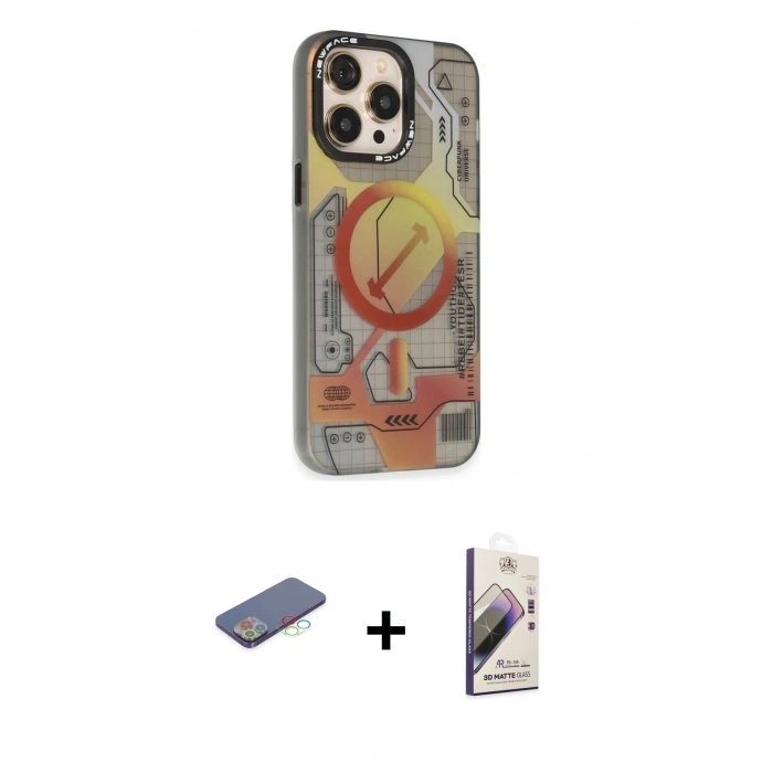 MARSİLYAN™- iPhone 13 Pro Max Kılıf Siluet Modern Koleksiyonu - Siyah Bilvis 3D Mat Cam Ekran Koruyucu + Renkli Kamera Lens Koruma Cam - MI