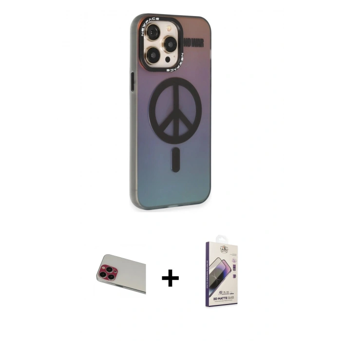 MARSİLYAN™- iPhone 13 Pro Max Kılıf Siluet Modern Koleksiyonu - Siyah Bilvis 3D Mat Cam Ekran Koruyucu + Rainbow Kamera Lens Koruma Cam - KI