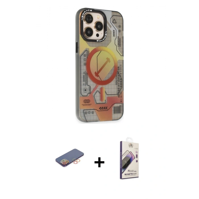 MARSİLYAN™- iPhone 13 Pro Max Kılıf Siluet Modern Koleksiyonu - Siyah Bilvis 3D Mat Cam Ekran Koruyucu + Renkli Kamera Lens Koruma Cam - TU
