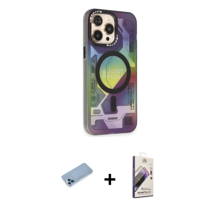 MARSİLYAN™- iPhone 13 Pro Max Kılıf Siluet Modern Koleksiyonu - Siyah Bilvis 3D Mat Cam Ekran Koruyucu + Shine Kamera Lens Koruma Cam - MI