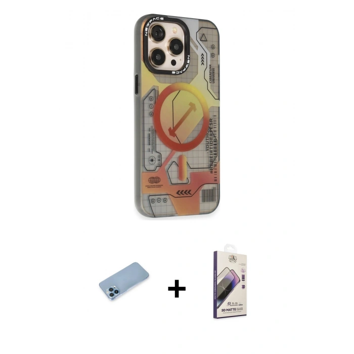 MARSİLYAN™- iPhone 13 Pro Max Kılıf Siluet Modern Koleksiyonu - Siyah Bilvis 3D Mat Cam Ekran Koruyucu + Shine Kamera Lens Koruma Cam - MI