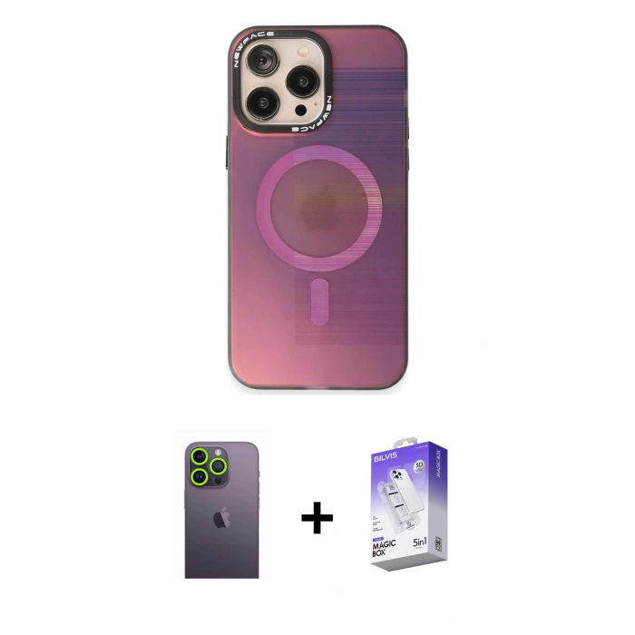 MARSİLYAN™- iPhone 13 Pro Max Kılıf Siluet Modern Koleksiyonu - Siyah Bilvis 5in1 3D Magic Cam Ekran Koruyucu + Yeşil Neon Fosforlu Kamera Lens