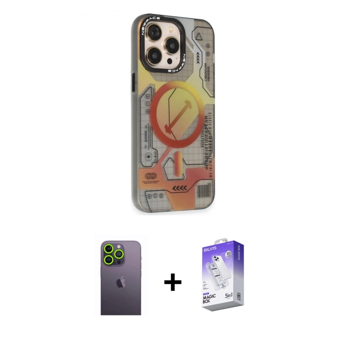 MARSİLYAN™- iPhone 13 Pro Max Kılıf Siluet Modern Koleksiyonu - Siyah Bilvis 5in1 3D Magic Cam Ekran Koruyucu + Yeşil Neon Fosforlu Kamera Lens