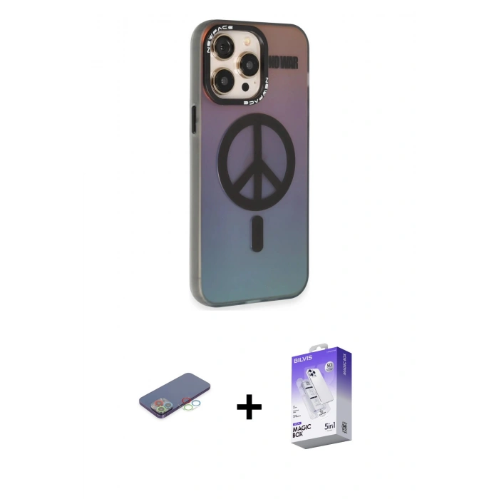 MARSİLYAN™- iPhone 13 Pro Max Kılıf Siluet Modern Koleksiyonu - Siyah Bilvis 5in1 3D Magic Cam Ekran Koruyucu + Renkli Kamera Lens Koruma Cam - MI