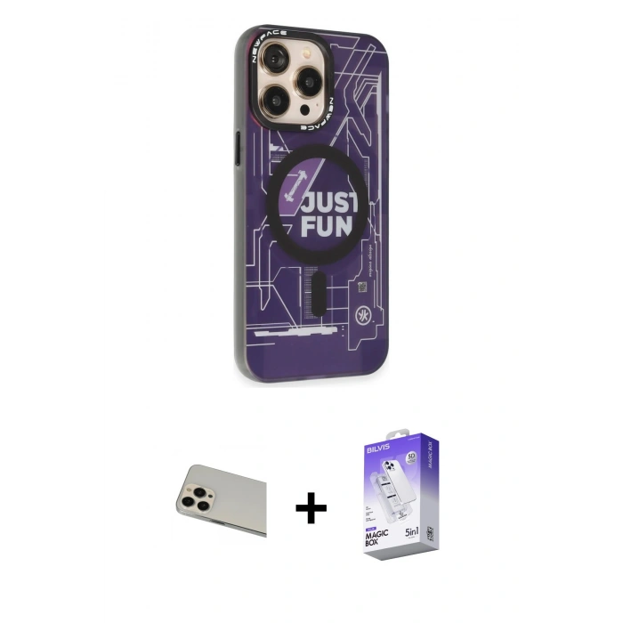 MARSİLYAN™- iPhone 13 Pro Max Kılıf Siluet Modern Koleksiyonu - Siyah Bilvis 5in1 3D Magic Cam Ekran Koruyucu + Rainbow Kamera Lens Koruma Cam - REGD