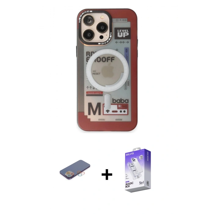 MARSİLYAN™- iPhone 13 Pro Max Kılıf Siluet Modern Koleksiyonu - Siyah Bilvis 5in1 3D Magic Cam Ekran Koruyucu + Renkli Kamera Lens Koruma Cam - PE