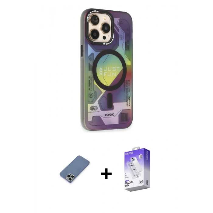 MARSİLYAN™- iPhone 13 Pro Max Kılıf Siluet Modern Koleksiyonu - Siyah Bilvis 5in1 3D Magic Cam Ekran Koruyucu + Açık Yeşil Metal Kamera Lens Koruma Cam