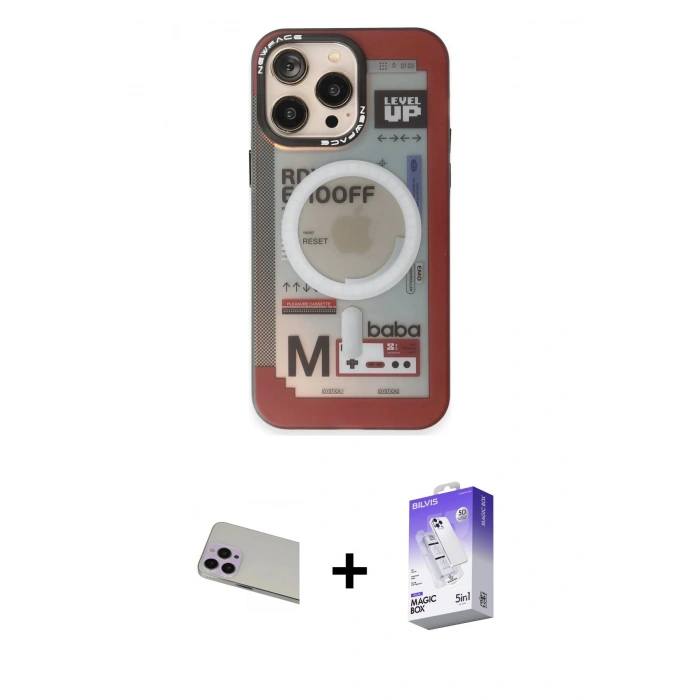 MARSİLYAN™- iPhone 13 Pro Max Kılıf Siluet Modern Koleksiyonu - Siyah Bilvis 5in1 3D Magic Cam Ekran Koruyucu + Mor Rainbow Kamera Lens Koruma Cam