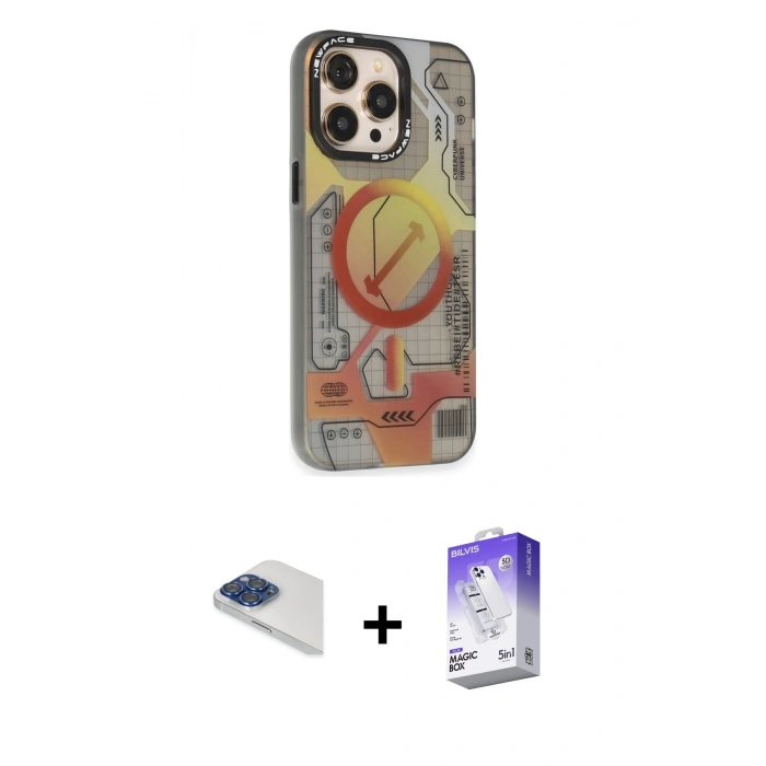 MARSİLYAN™- iPhone 13 Pro Max Kılıf Siluet Modern Koleksiyonu - Siyah Bilvis 5in1 3D Magic Cam Ekran Koruyucu + Pers Alüminyum Kamera Lens - LT