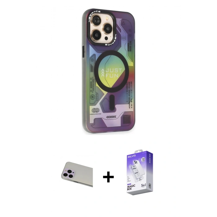 MARSİLYAN™- iPhone 13 Pro Max Kılıf Siluet Modern Koleksiyonu - Siyah Bilvis 5in1 3D Magic Cam Ekran Koruyucu + Mor Rainbow Kamera Lens Koruma Cam