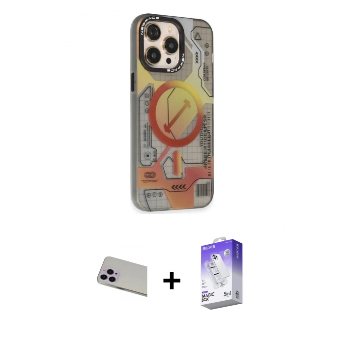 MARSİLYAN™- iPhone 13 Pro Max Kılıf Siluet Modern Koleksiyonu - Siyah Bilvis 5in1 3D Magic Cam Ekran Koruyucu + Mor Rainbow Kamera Lens Koruma Cam