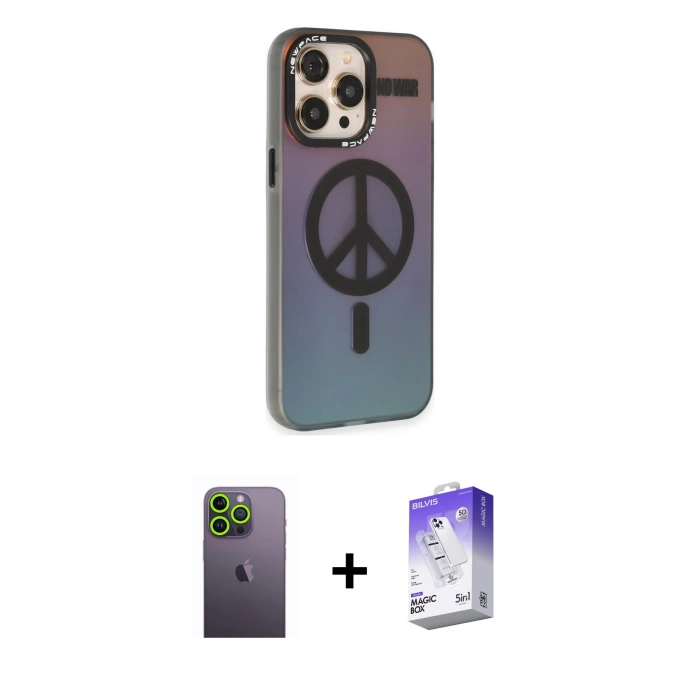 MARSİLYAN™- iPhone 13 Pro Max Kılıf Siluet Modern Koleksiyonu - Siyah Bilvis 5in1 3D Magic Cam Ekran Koruyucu + Yeşil Neon Fosforlu Kamera Lens