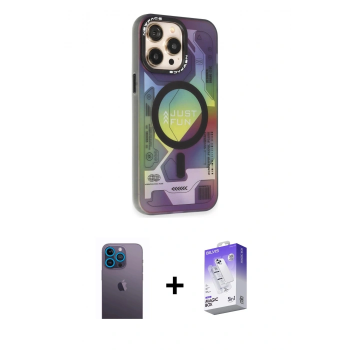 MARSİLYAN™- iPhone 13 Pro Max Kılıf Siluet Modern Koleksiyonu - Siyah Bilvis 5in1 3D Magic Cam Ekran Koruyucu + Neon Fosforlu Kamera Lens - MI