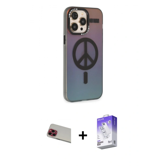 MARSİLYAN™- iPhone 13 Pro Max Kılıf Siluet Modern Koleksiyonu - Siyah Bilvis 5in1 3D Magic Cam Ekran Koruyucu + Rainbow Kamera Lens Koruma Cam - KI