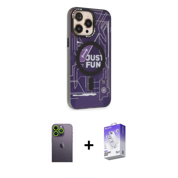 MARSİLYAN™- iPhone 13 Pro Max Kılıf Siluet Modern Koleksiyonu - Siyah Bilvis 5in1 3D Magic Cam Ekran Koruyucu + Yeşil Neon Fosforlu Kamera Lens
