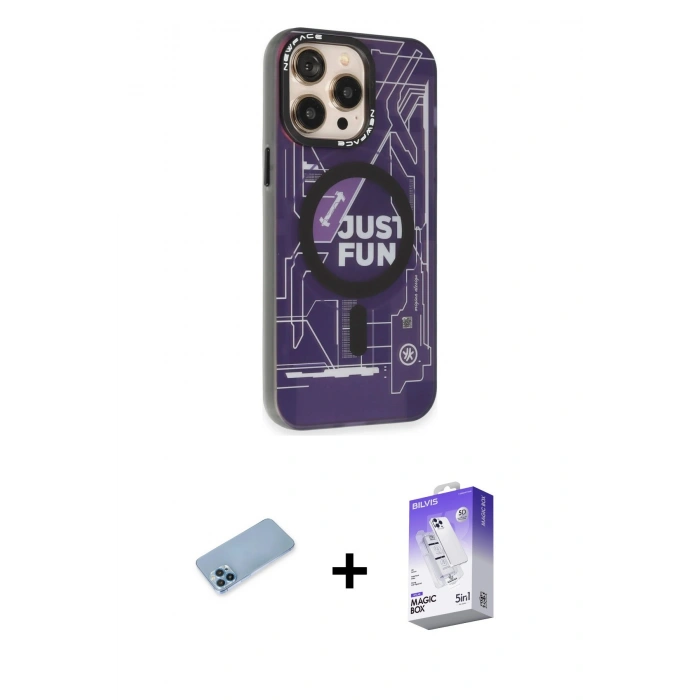 MARSİLYAN™- iPhone 13 Pro Max Kılıf Siluet Modern Koleksiyonu - Siyah Bilvis 5in1 3D Magic Cam Ekran Koruyucu + Shine Kamera Lens Koruma Cam - MI